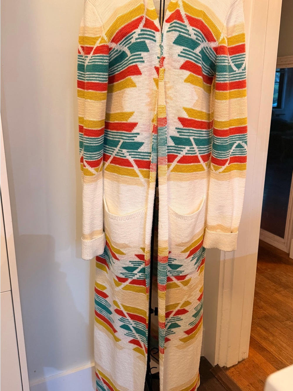 Pendleton knit cream Long Tribal Open-Front Cardigan with Multicolor stripes - Picture 2 of 5